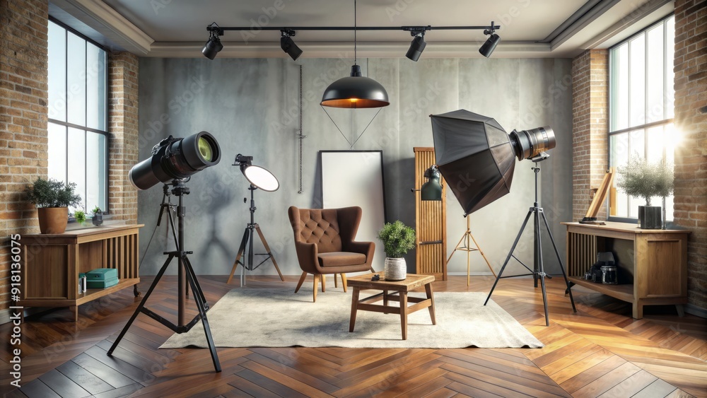 Professional camera equipment and props set up in a stylish studio ...
