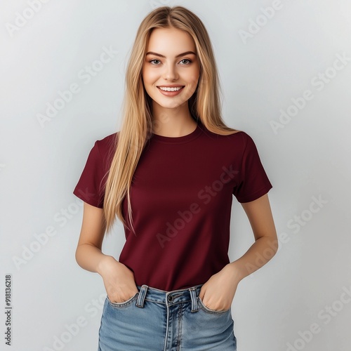 portrait of a woman with maroon color t-shirt on white color background 