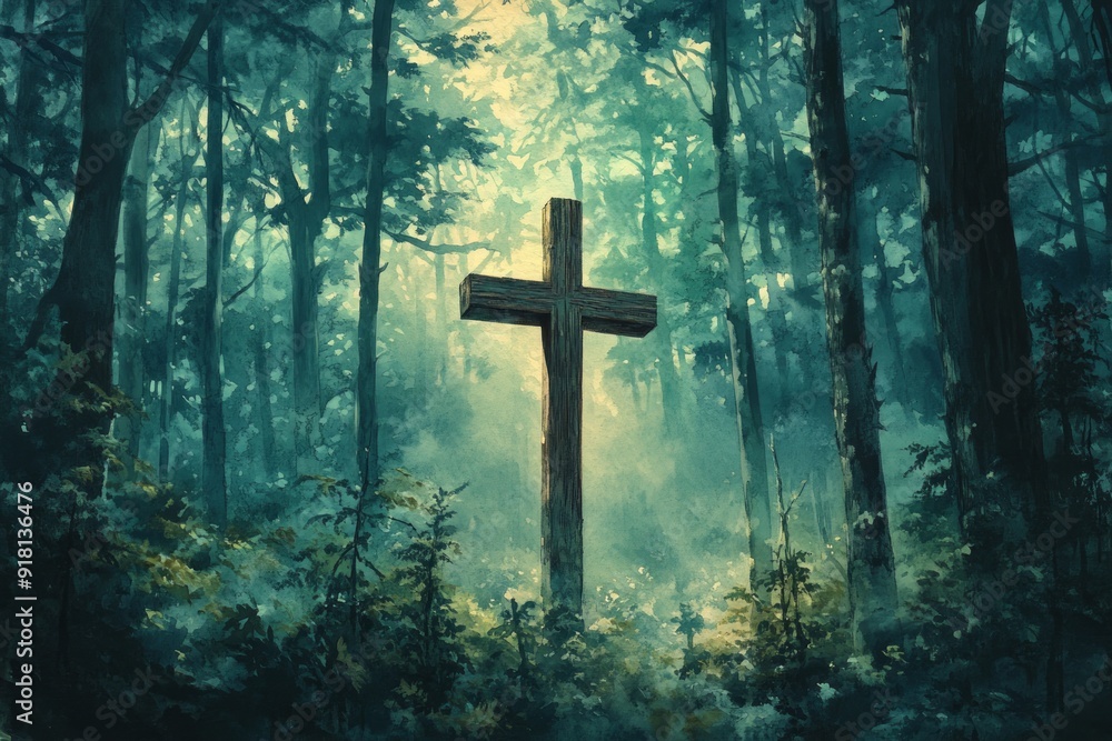 Cross Forest Chapel Christianity Religion Spiritual Symbol - Generative AI Cross Forest Chapel Christianity Religion Spiritual Symbol - Generative AI