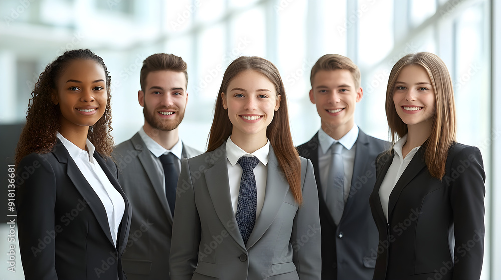 A group of young, confident professionals dressed in business attire, smiling in a bright, modern office environment. The image conveys teamwork, leadership, and professionalism in a corporate setting A group of young, confident professionals dressed in business attire, smiling in a bright, modern office environment. The image conveys teamwork, leadership, and professionalism in a corporate setting