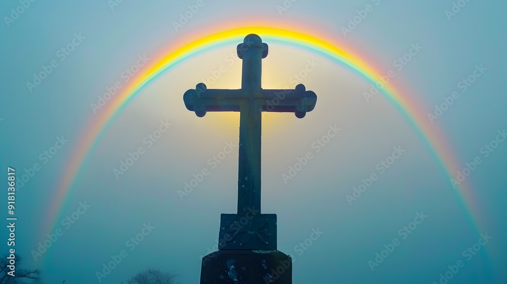 Cross with Rainbow Halo Symbolizing Promise and Hope in Dramatic Landscape Cross with Rainbow Halo Symbolizing Promise and Hope in Dramatic Landscape