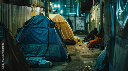 Homeless. Tent city on the streets of city. Housing for refugees and homeless photo