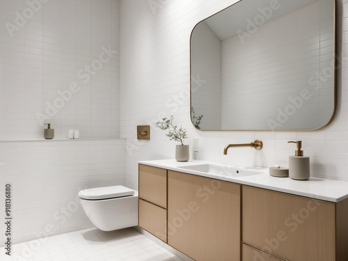 Wallpaper Mural A clean and minimalist Scandinavian bathroom with white tiles, light wood accents, and a large mirror. Torontodigital.ca