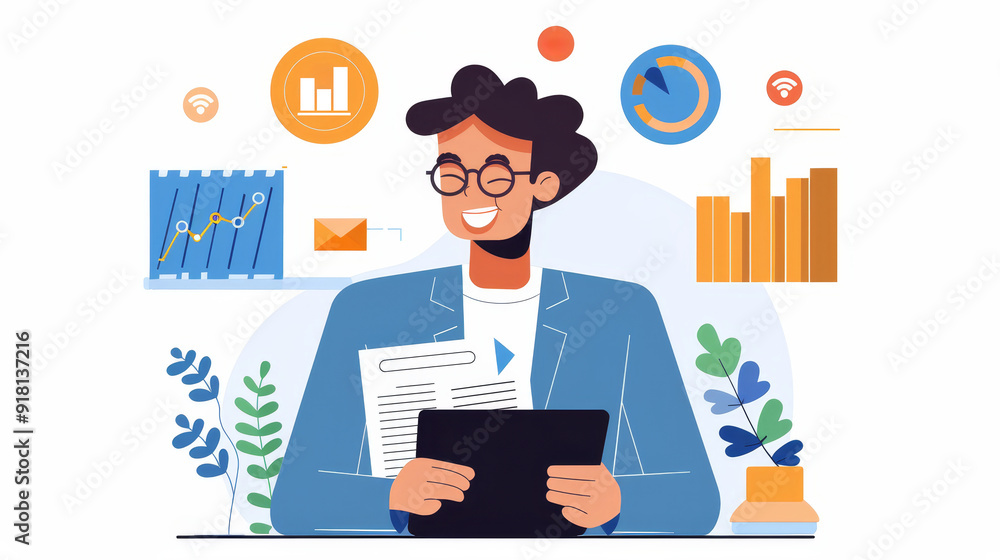Happy Businessman Analyzing Data on Tablet Happy Businessman Analyzing Data on Tablet