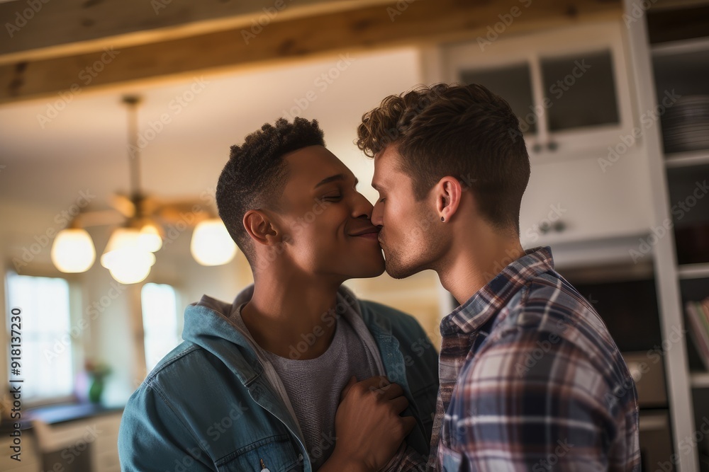 Two men share a tender kiss in a cozy kitchen filled with warm light during an intimate moment Two men share a tender kiss in a cozy kitchen filled with warm light during an intimate moment