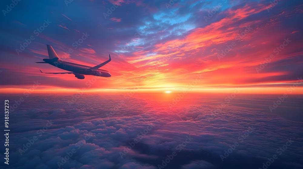 Dramatic Aerial View of Airplane Flying Into Vibrant Sunset Sky Dramatic Aerial View of Airplane Flying Into Vibrant Sunset Sky