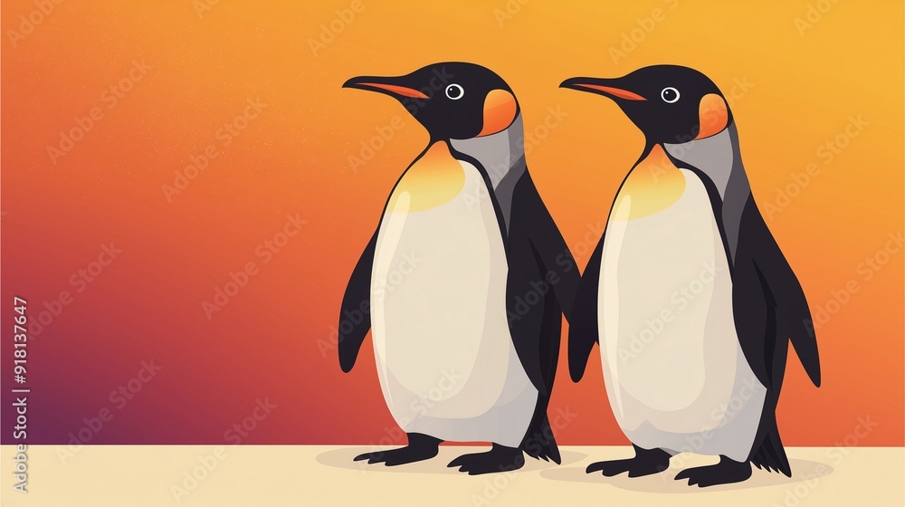 Obraz premium Penguins standing together with a gradient orange sunset background.