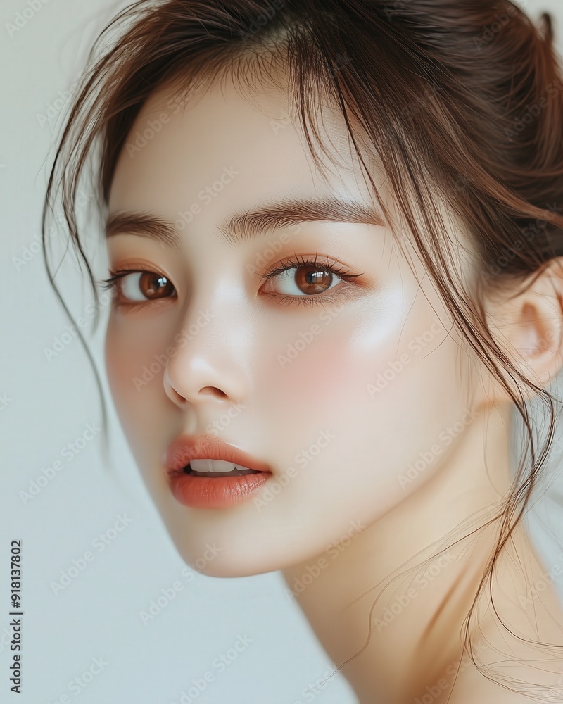 A beautiful Korean woman with clean and clear skin, a of the upper body in a white background A beautiful Korean woman with clean and clear skin, a of the upper body in a white background