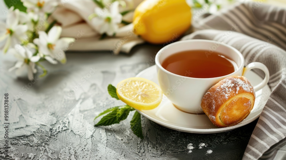 Adorable tea cup with lemon and homemade bun on the table. Space for your text. Adorable tea cup with lemon and homemade bun on the table. Space for your text.