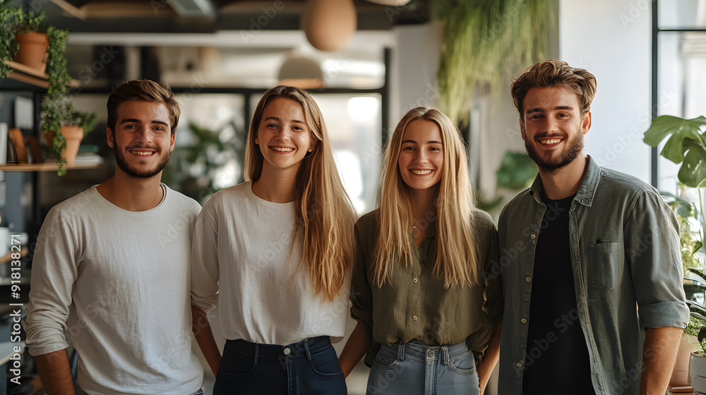 A group of young professionals smiling casually in a modern, greenery-filled office. They are dressed in relaxed attire, conveying a friendly, collaborative, and creative work environment. A group of young professionals smiling casually in a modern, greenery-filled office. They are dressed in relaxed attire, conveying a friendly, collaborative, and creative work environment.