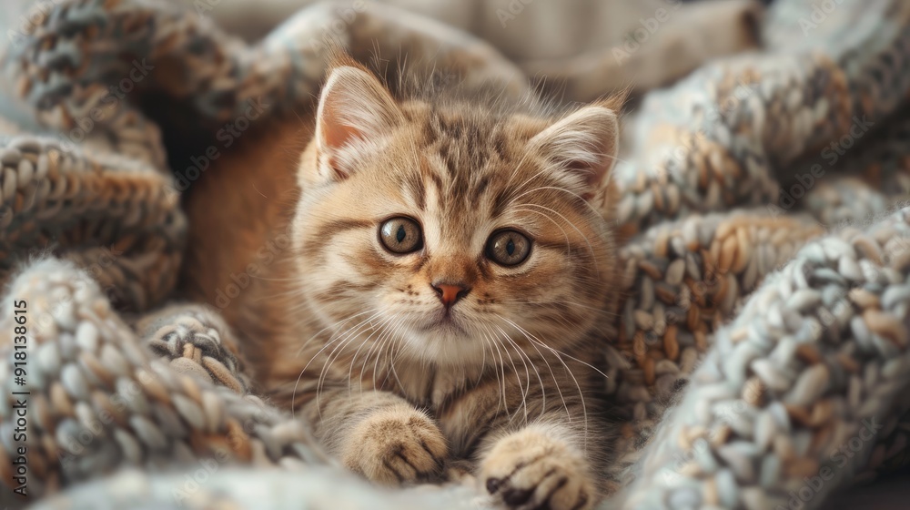Adorable Scottish straight kitten on a blanket. Pet close-up. Cozy home idea Adorable Scottish straight kitten on a blanket. Pet close-up. Cozy home idea