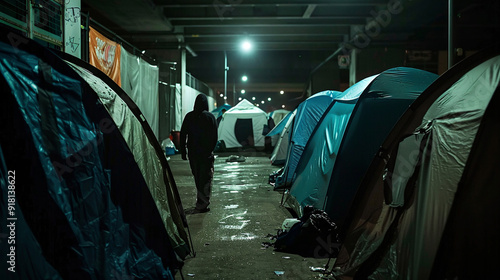 Homeless. Tent city on the streets of city. Housing for refugees and homeless photo