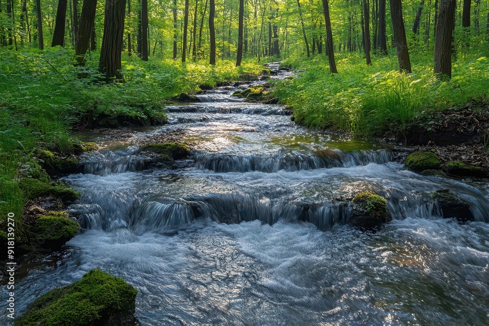 serene forest stream meandering through lush greenery sunlight filters through canopy creating dappled patterns on crystalclear water mosscovered rocks and fallen leaves add texture and depth serene forest stream meandering through lush greenery sunlight filters through canopy creating dappled patterns on crystalclear water mosscovered rocks and fallen leaves add texture and depth