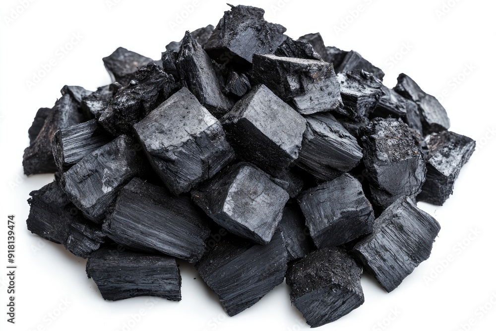A Pile of Black Charcoal Briquettes on a White Background A Pile of Black Charcoal Briquettes on a White Background