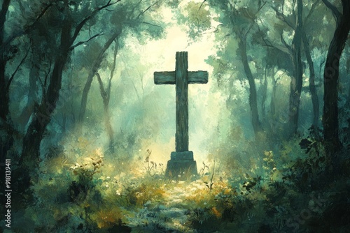 Cross Forest Chapel Christianity Religion Spiritual Symbol - Generative AI