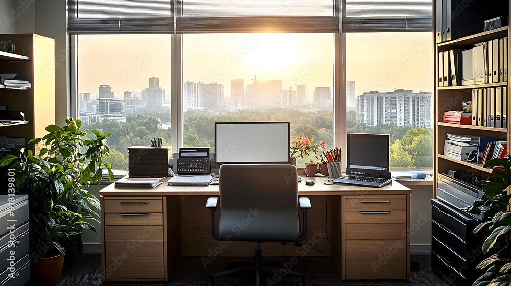 Modern office workspace with city view and sunlight. Modern office workspace with city view and sunlight.