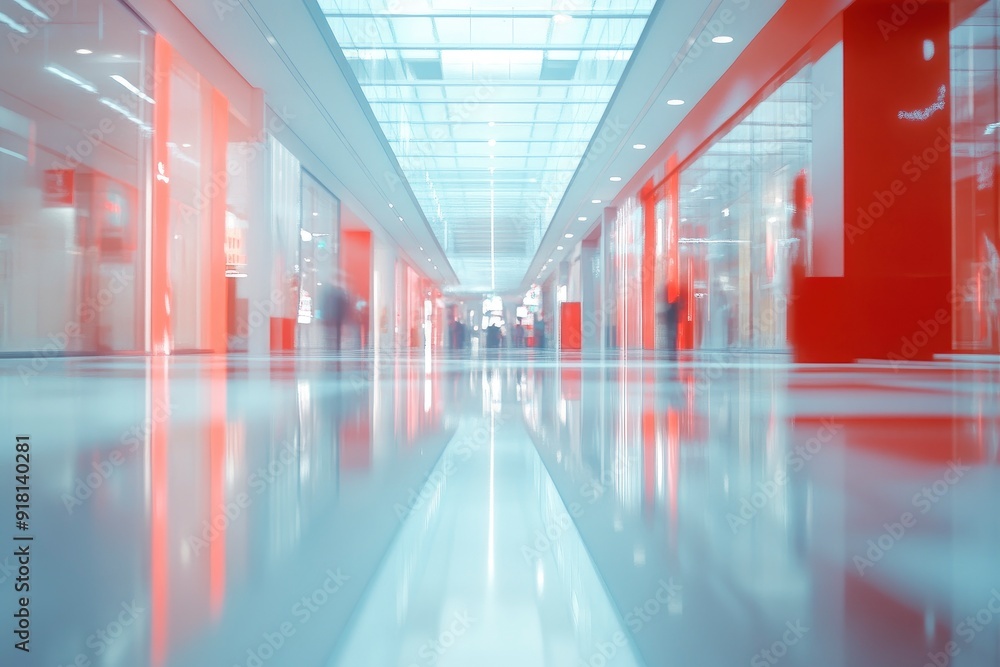 Blurred abstract background, bright room with white light effect and red objects, shopping center corridor with generative ai Blurred abstract background, bright room with white light effect and red objects, shopping center corridor with generative ai
