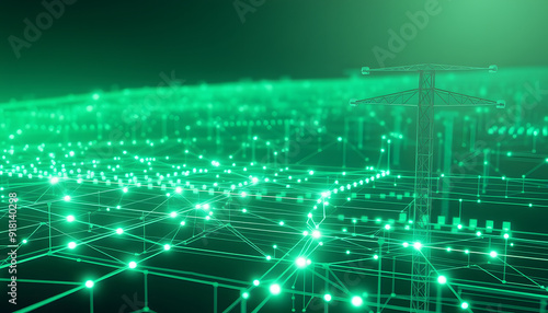 Smart Grid and Communication Concept. Green, Futuristic Digital Style. 4K image isolated with white highlights, png