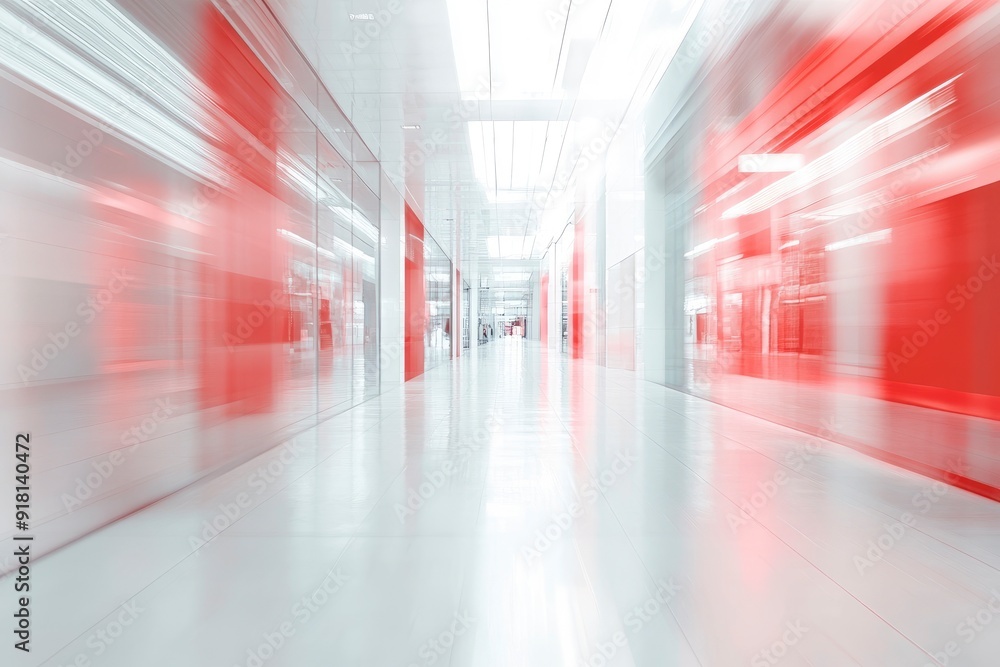Blurred abstract background, bright room with white light effect and red objects, shopping center corridor with generative ai