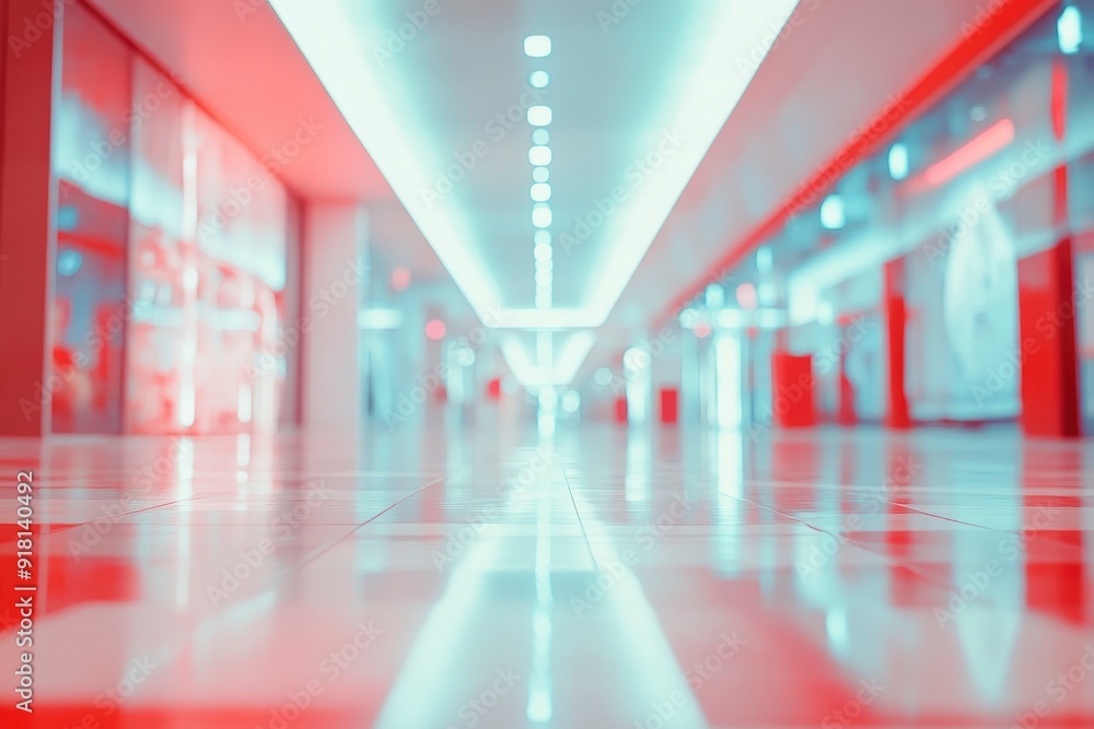 Blurred abstract background, bright room with white light effect and red objects, shopping center corridor with generative ai Blurred abstract background, bright room with white light effect and red objects, shopping center corridor with generative ai