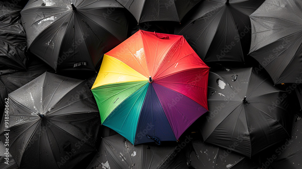 Stand out from crowd. Rainbow umbrella among many black ones Stand out from crowd. Rainbow umbrella among many black ones