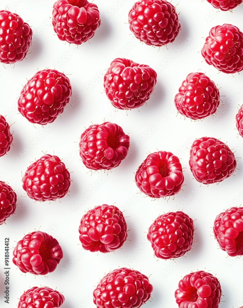 Raspberries flying in the air on a white background, in a top view, close up Raspberries flying in the air on a white background, in a top view, close up