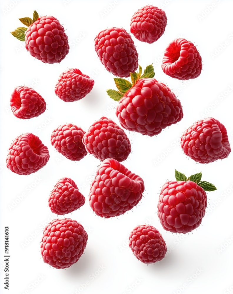 Magical flying raspberries isolated on a white background, in a top view Magical flying raspberries isolated on a white background, in a top view