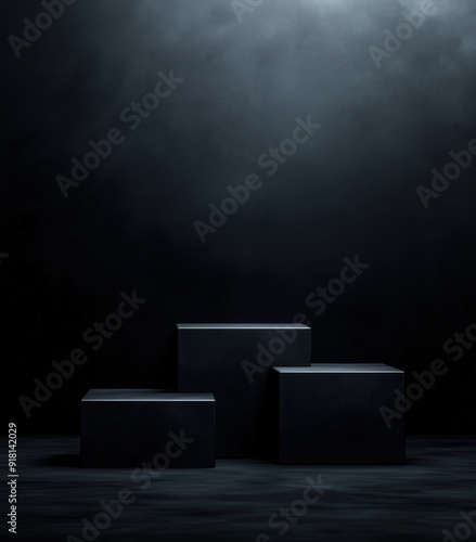 Black background with three cube podiums, minimalistic design with high resolution