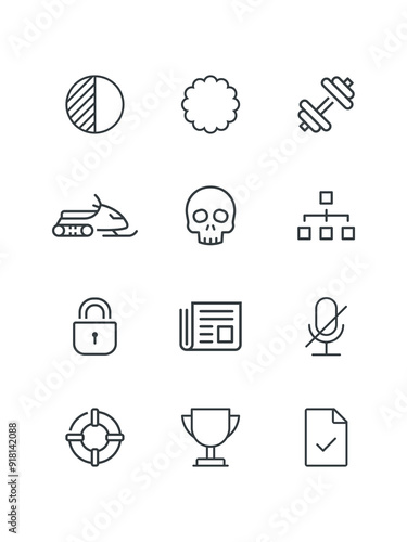 Snowmobile, Strategy tactic, Syrup bottle, Tree forest, Weight training weights dumbbel sport icon, vector illustration