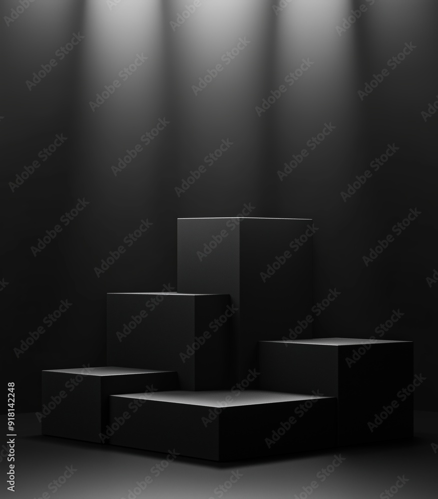 Black background with three cube podiums, 3D rendering, minimalism Black background with three cube podiums, 3D rendering, minimalism