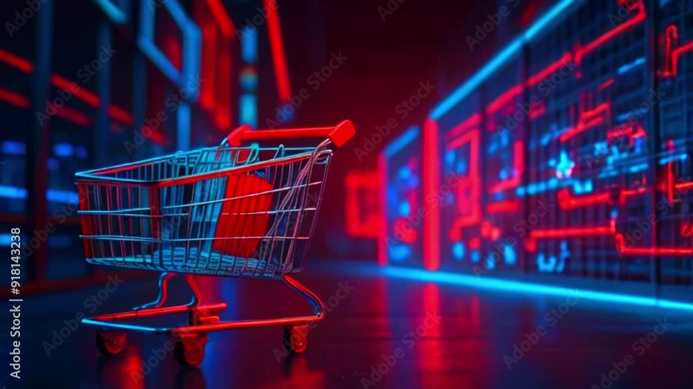 Shopping cart on a futuristic floor with red and blue lights. Shopping cart on a futuristic floor with red and blue lights.