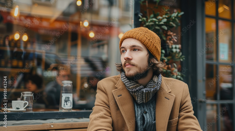 Fototapeta premium Stylish man in Europe cafe wear trendy beanie on morning