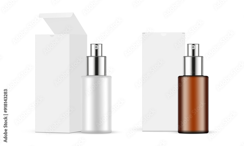 Spray Bottles With Metal Caps, Rectangular Packaging Boxes, Front And Side View, Opened And Closed. Vector Illustration Spray Bottles With Metal Caps, Rectangular Packaging Boxes, Front And Side View, Opened And Closed. Vector Illustration