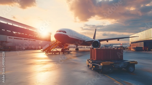 Cargo plane parked at an air cargo terminal, containers being unloaded, calm and organized scene photo