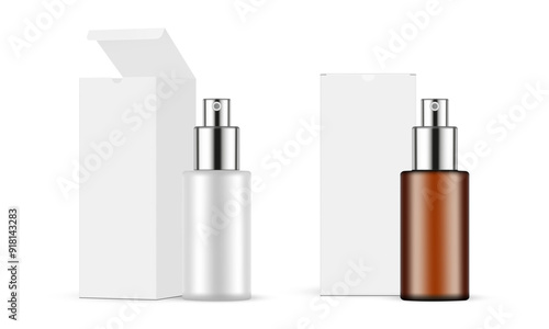 Spray Bottles With Metal Caps, Rectangular Packaging Boxes, Front And Side View, Opened And Closed. Vector Illustration