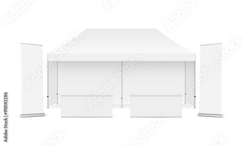 Outdoor Trade Show Booth Mockup. Rectangular Tent With Demonstration Tables and Rollups. Vector Illustration