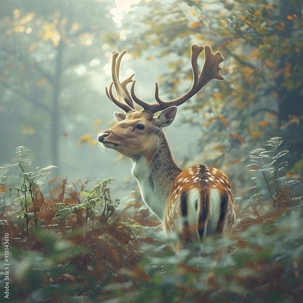 Fototapeta premium Majestic Deer Amid Misty Forest Backdrop Wildlife Portrait Concept