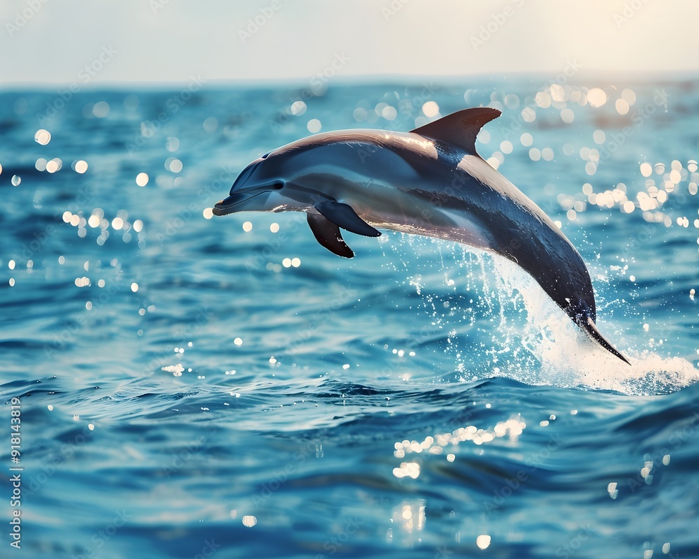 Fototapeta premium Playful Dolphin Mid Jump Against Sparkling Ocean Backdrop
