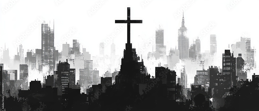 Obraz premium Cross City Crossroads Christianity Religion Spiritual Symbol - Generative AI