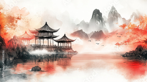 Traditional Chinese Pagoda on a Lake in the Mountains.