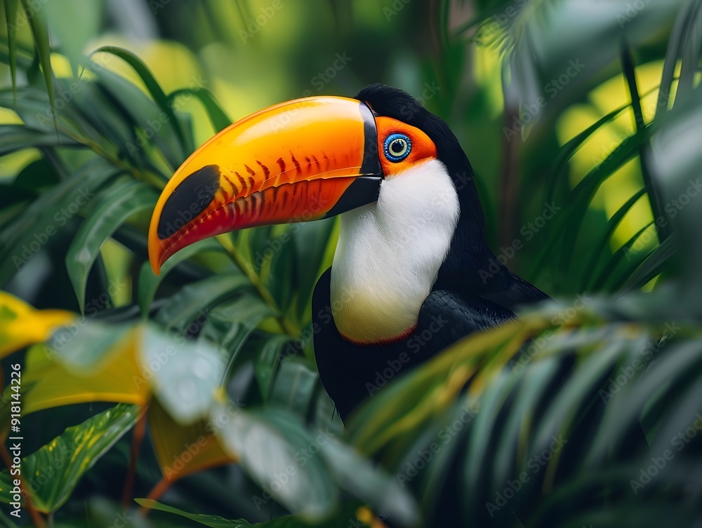 Naklejka premium Vibrant Toucan Perched Amidst Lush Tropical Foliage Wildlife Portrait Concept