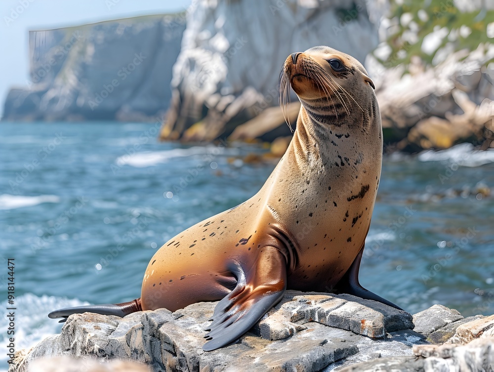 Obraz premium Playful Sea Lion Basking on Rocky Shore with Ocean Backdrop