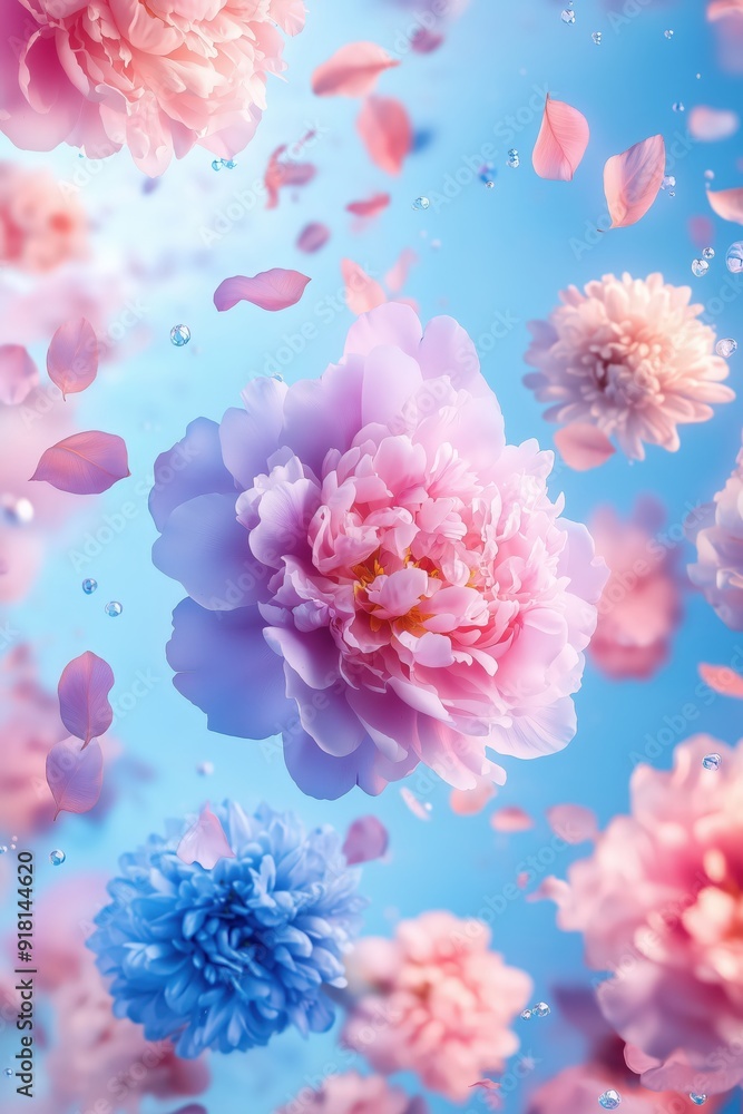 High resolution photography of flying flowers in pastel pink and blue colors High resolution photography of flying flowers in pastel pink and blue colors