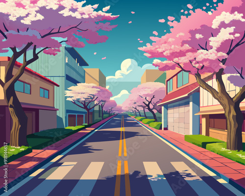 Cherry Blossom Streets landscape anime style