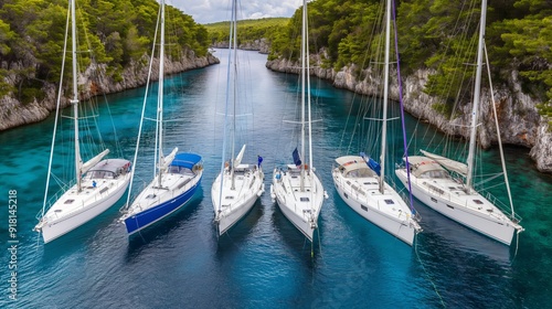 A serene scene of six sailboats anchored side by side in a narrow turquoise bay, surrounded by lush greenery