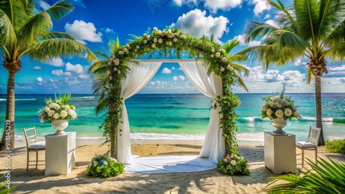 Tropical paradise wedding setup with elegant white arch, lush greenery, and turquoise ocean views, perfect for an exotic and intimate celebration.