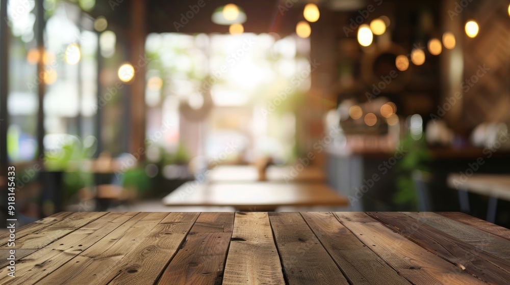 Blank wooden table space for product display with blurred cafe background - Image Blank wooden table space for product display with blurred cafe background - Image