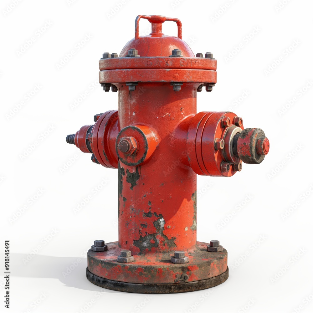 A weathered red fire hydrant stands tall, its surface worn and rugged against a stark white background. A weathered red fire hydrant stands tall, its surface worn and rugged against a stark white background.