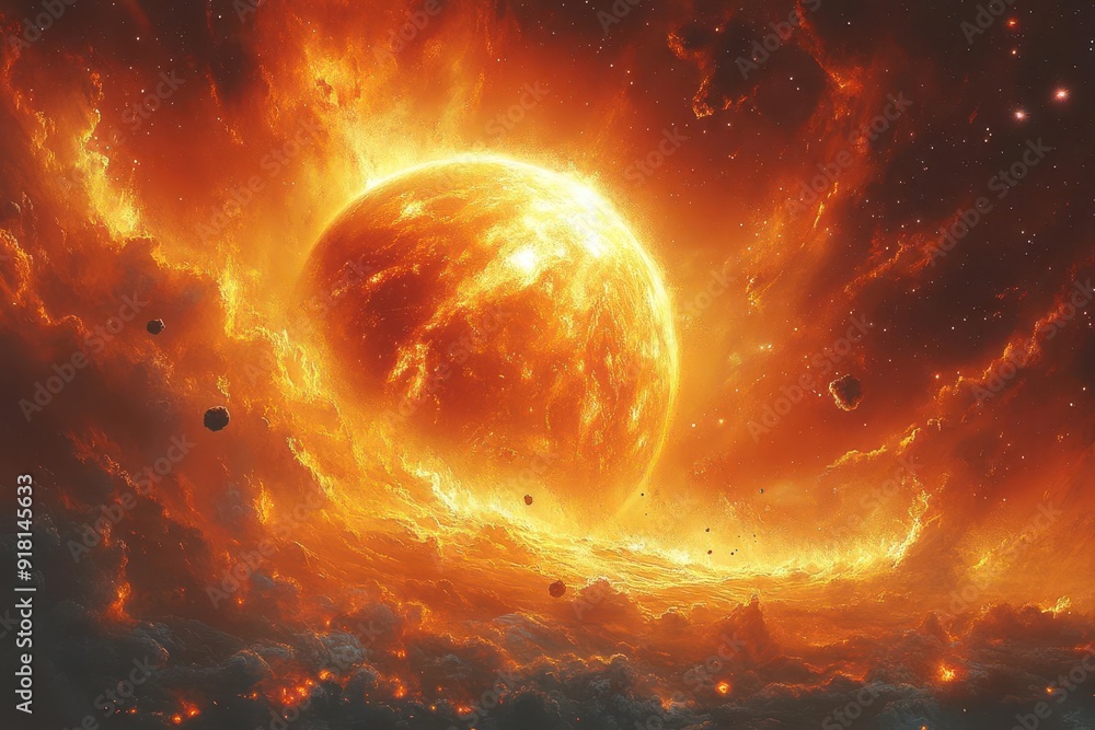 surreal cosmic landscape with fiery planet dominating sky swirling nebulae radiant stars and blazing asteroids plummeting through turbulent atmosphere digital fantasy artwork surreal cosmic landscape with fiery planet dominating sky swirling nebulae radiant stars and blazing asteroids plummeting through turbulent atmosphere digital fantasy artwork