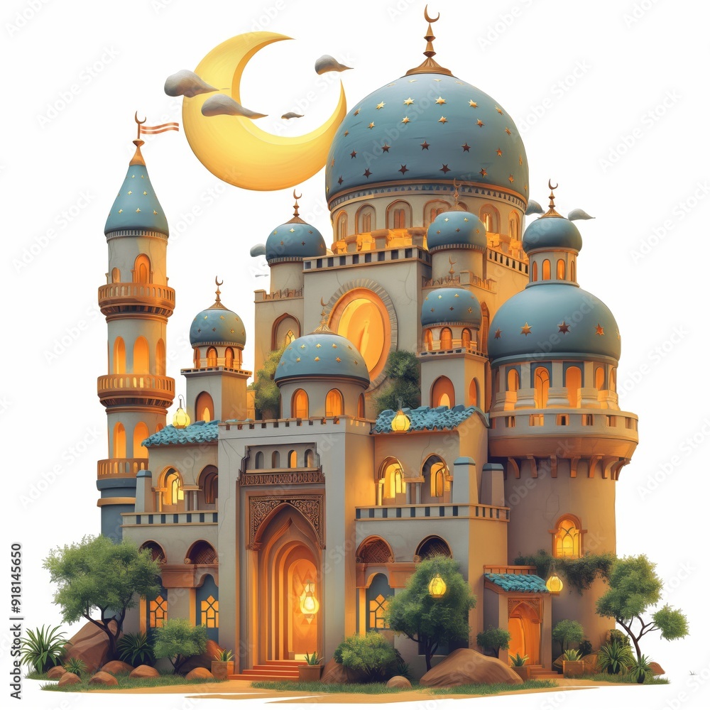 Fototapeta premium An enchanting illustration of a moonlit castle with blue domes and golden lights, evoking a magical and serene atmosphere reminiscent of a fairy tale.